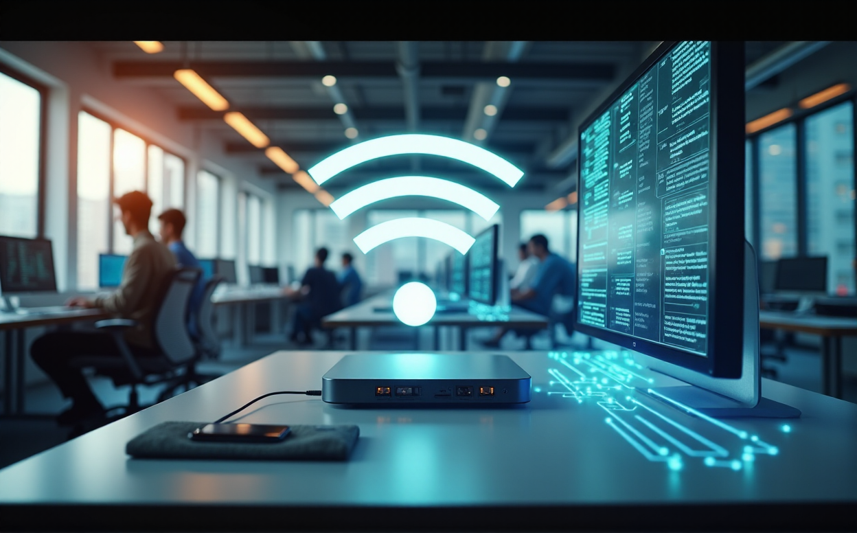 Technician installing network equipment